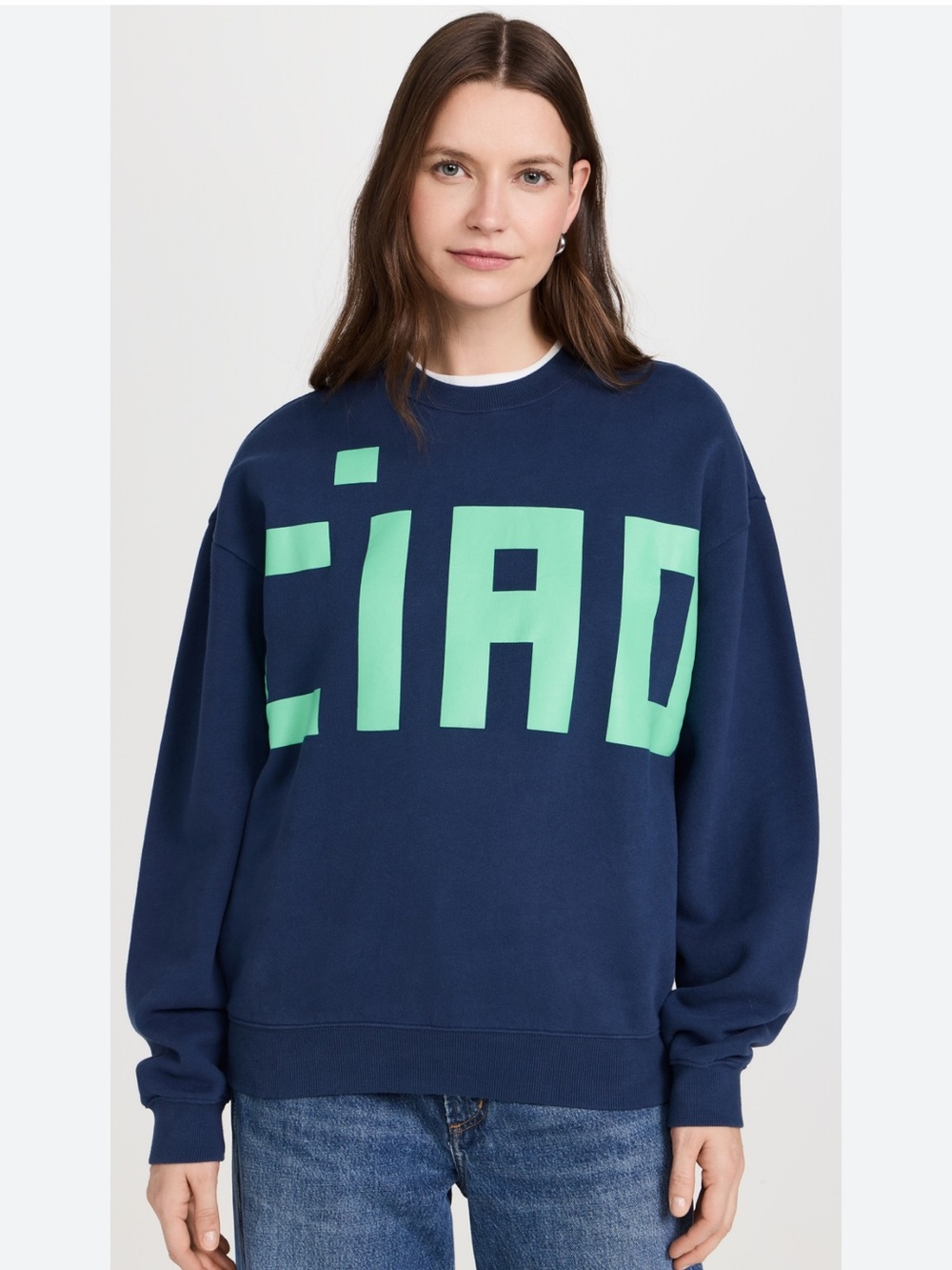 CLARE V. Womens Oversized Ciao Sweatshirt Size XS Navy Mint Baggy Casual